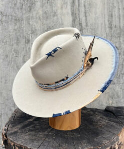 City Slicker Fedora in Beige with Feather Blue Patchwork and Band